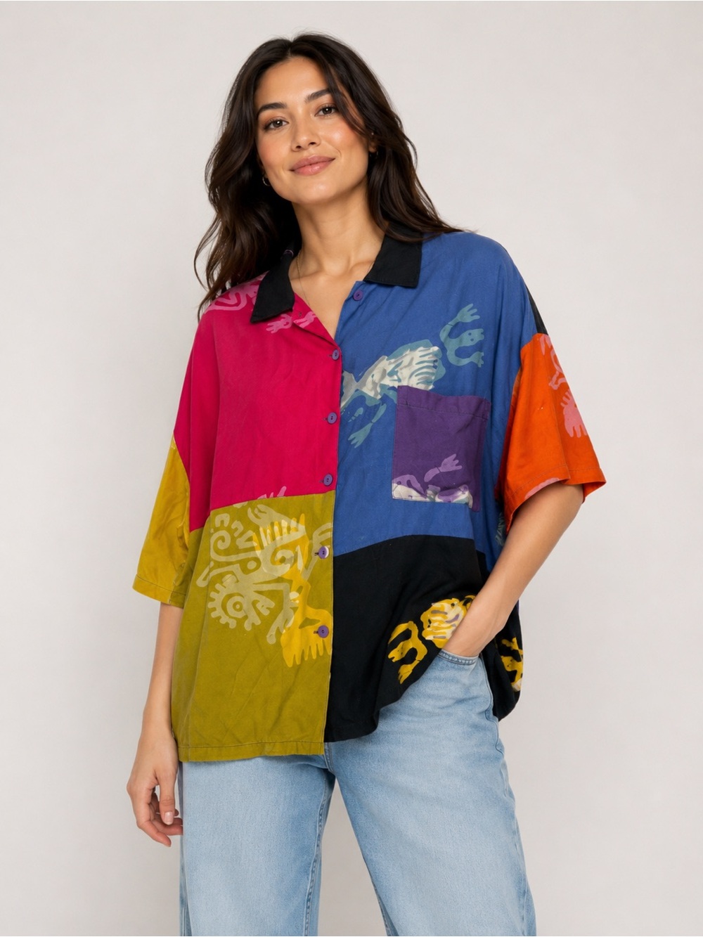 Vintage We Be Bop Top Women 1x Camp Shirt Patchwork Abalone Button Art to Wear